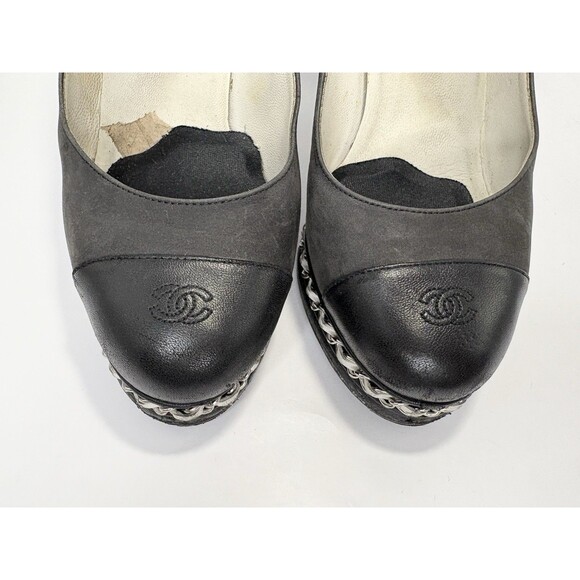 Chanel Black Platform Pumps w/ White Chain Detail Black Suede Cap Toe Heels 36 6 - Picture 5 of 15